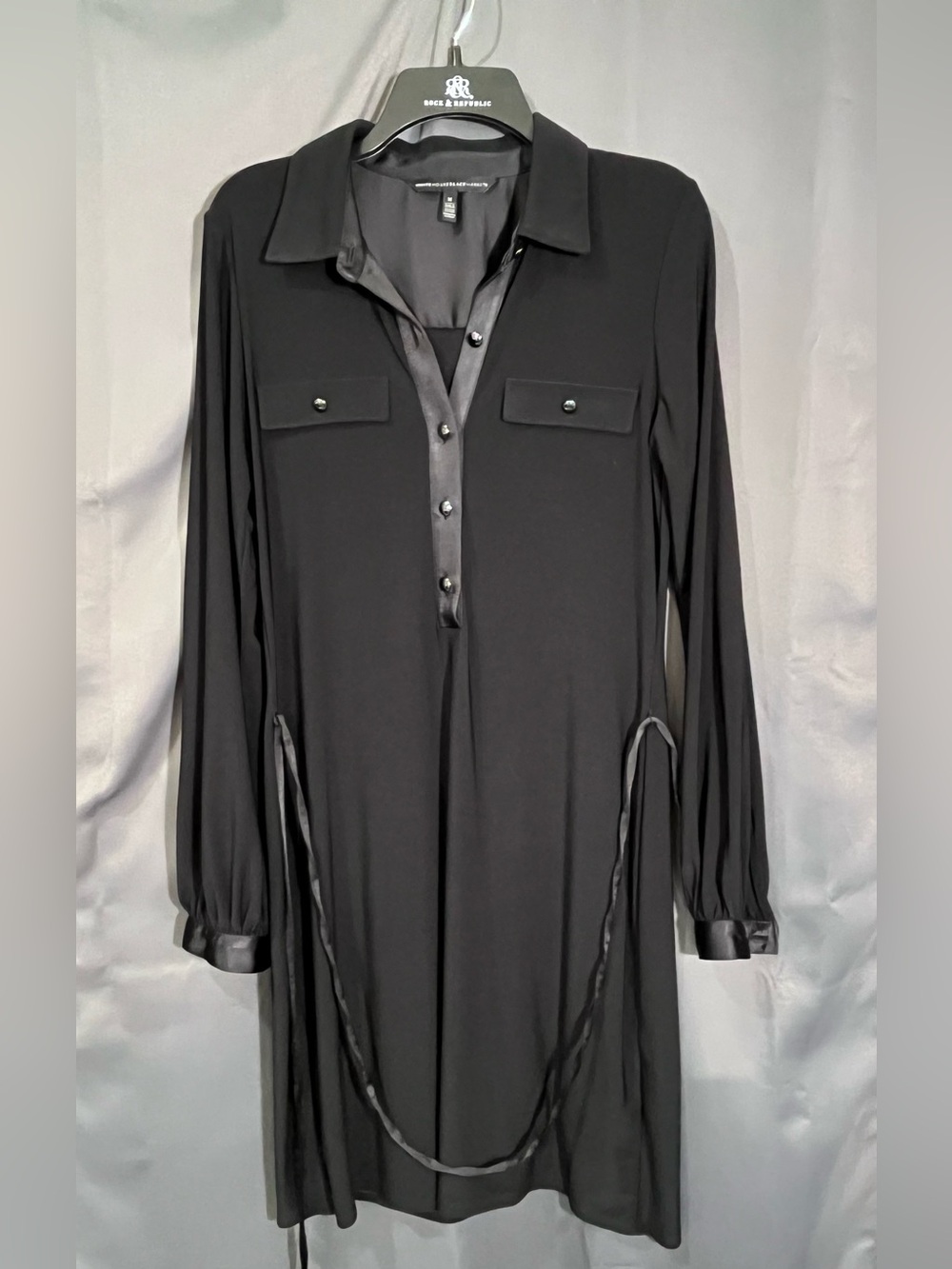 White House Black Market Black Long-Sleeve Shirt Dress with Satin Trim